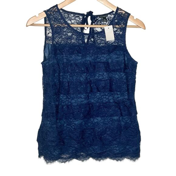 Ann Taylor Lace Sleeveless Top Navy Womens Size XS Sheer Tank Fairy Whimsigoth - Picture 1 of 7